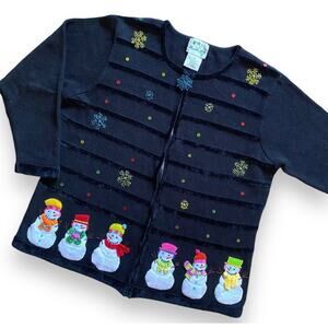 Vntg 90s The Quacker Factory Christmas Sweater Cardigan Sz XL Snowman Black